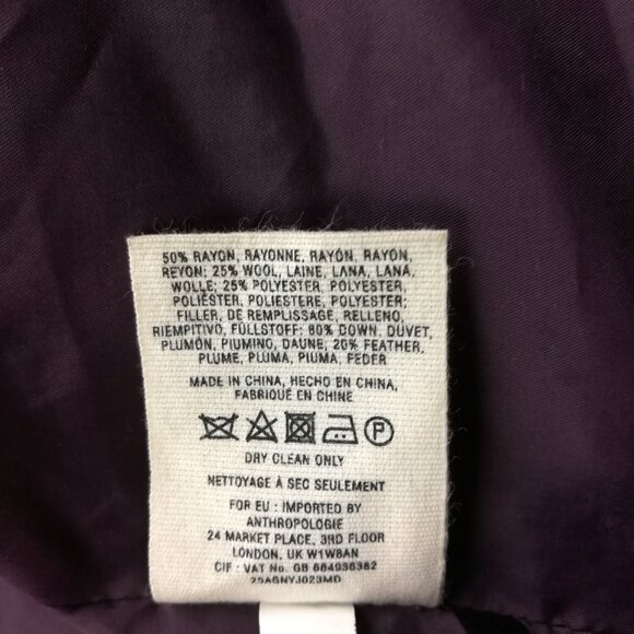Anthropologie Cartonnier Coat Down Puffer Toggle Button Jacket Wool Purple Sz 4 - Picture 7 of 14